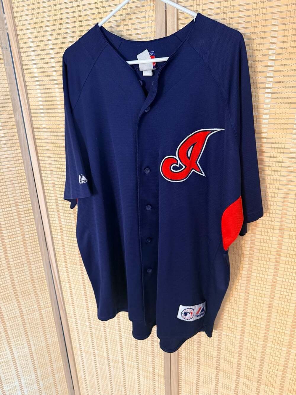 Cleveland Indians Majestic Script I Button Down Practice Jersey Mens Navy Red